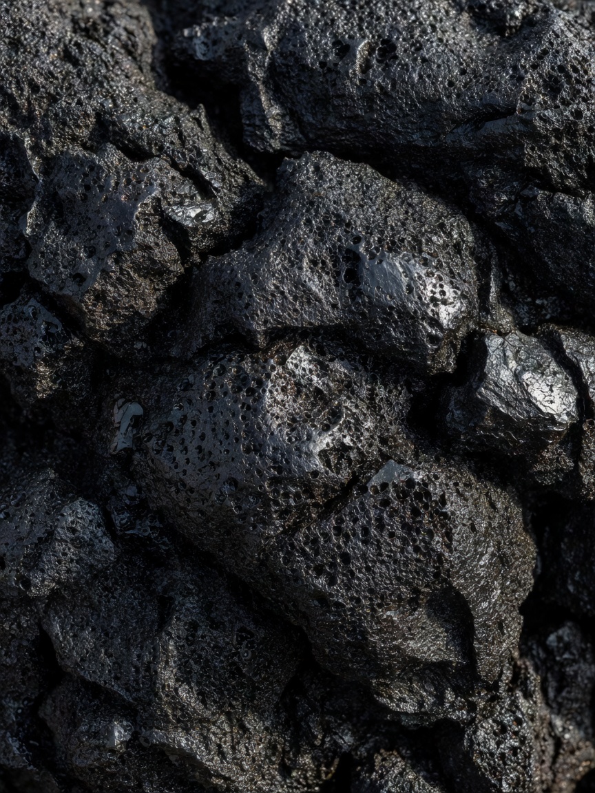 Close-up of dark, vesicular basalt lava with a rough glassy surface