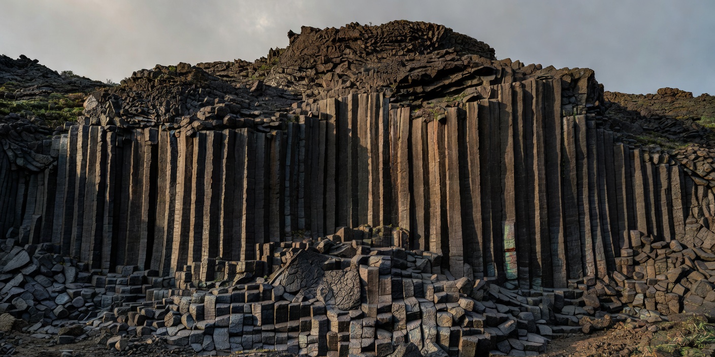 Tall polygonal columns of dark basalt formed as volcanic rock cooled