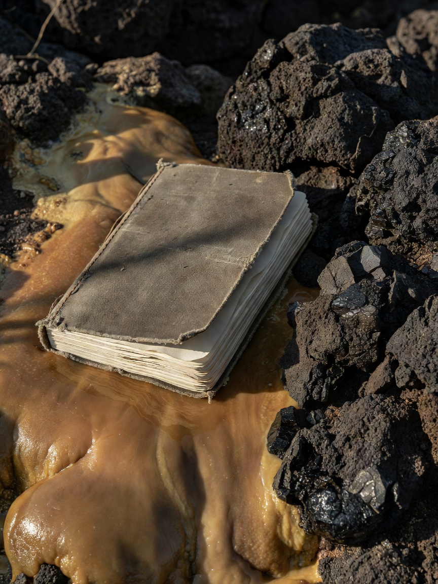 A notebook resting beside dark volcanic stone and a warm mineral surface