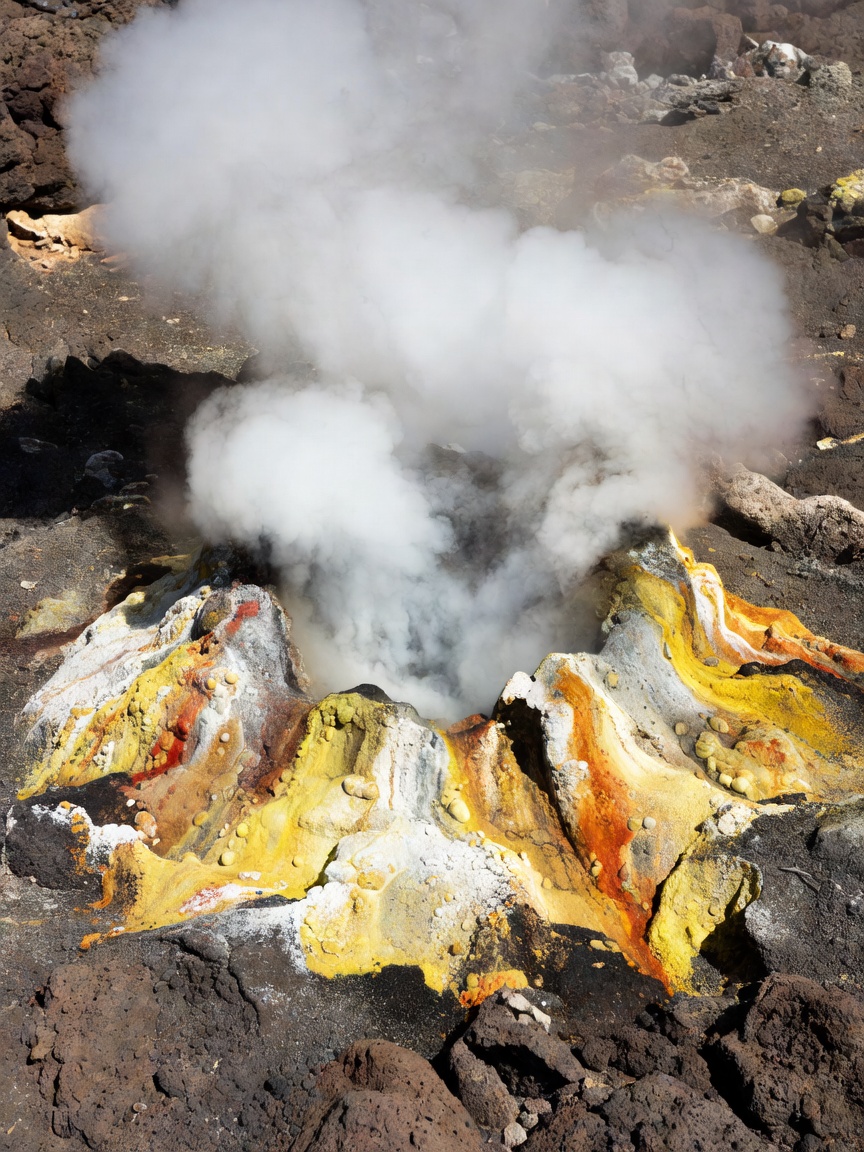 Steam escapes from a mineral-lined fumarole in a volcanic field