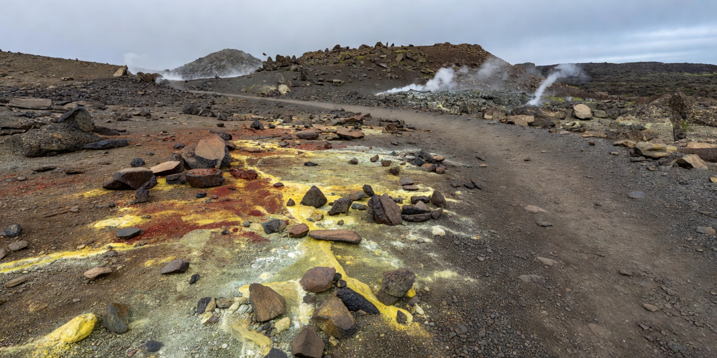 Basalt fragments and mineral-stained ground beside an established volcanic walking trail