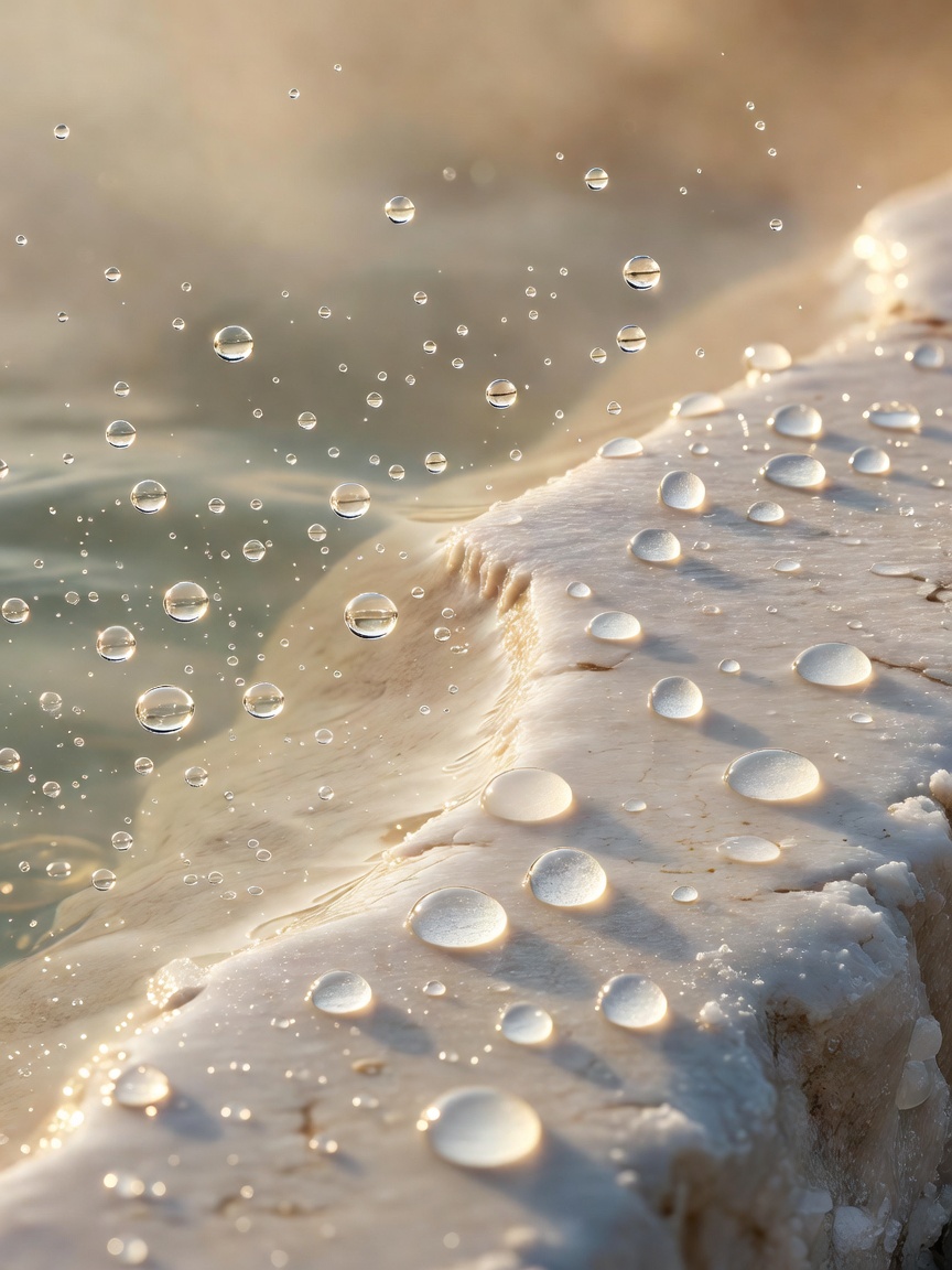 Warm spring water and droplets beside a pale mineral edge
