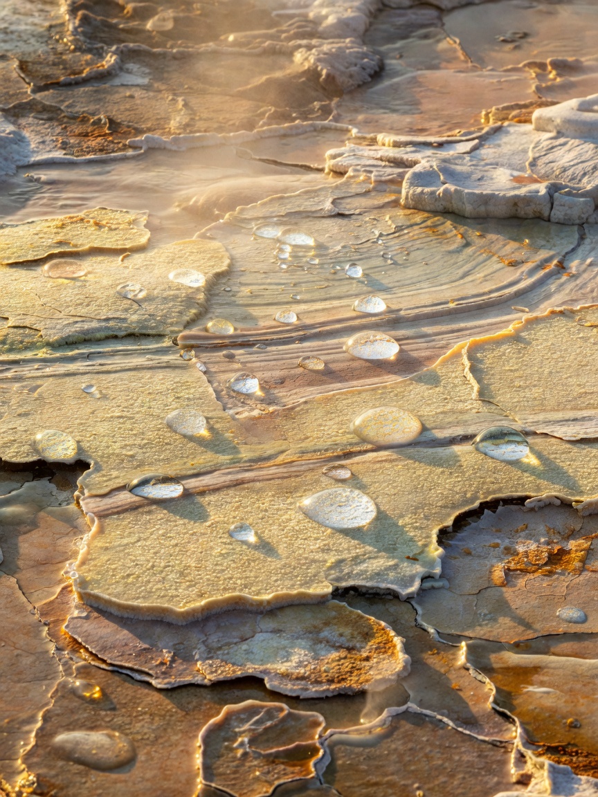 Fine mineral crust and droplets catching warm light near geothermal ground