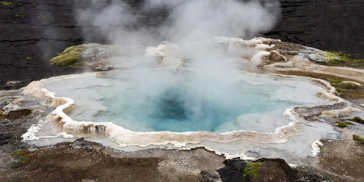 Pale silica sinter tracing the rim of a steaming geothermal pool
