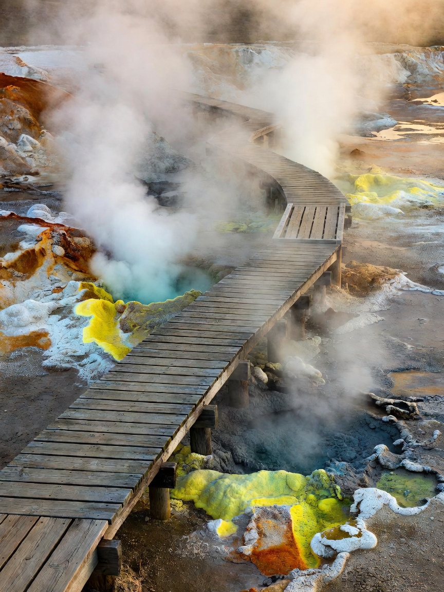 A visitor boardwalk passing a steaming geothermal landscape