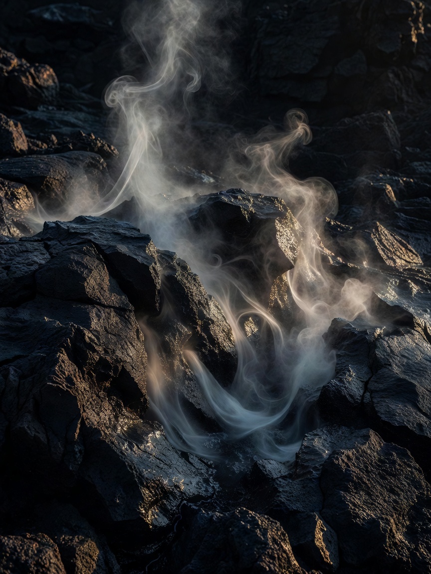 Fine steam drifting above dark volcanic rock