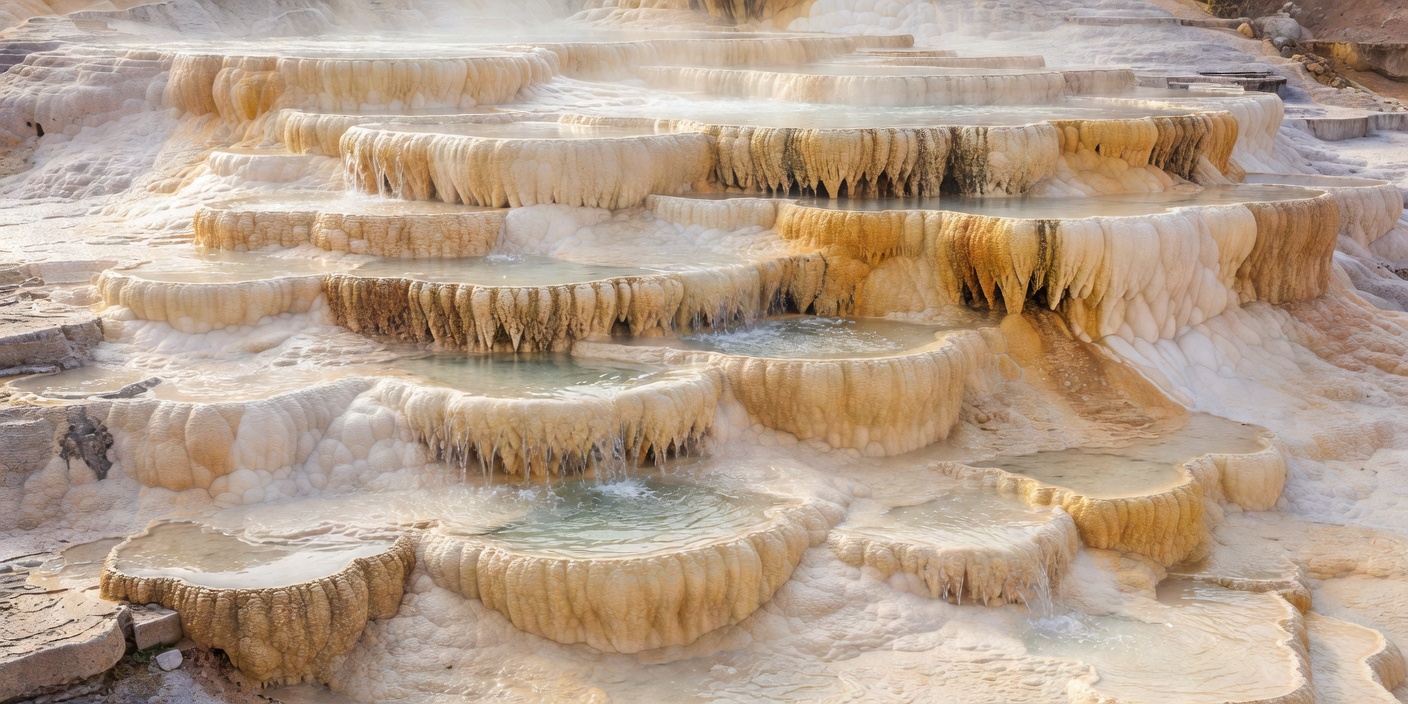 Layered cream and ochre travertine terraces formed around flowing spring water