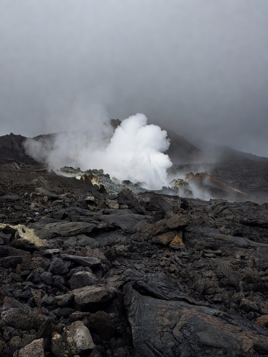 Volcanic stone and a distant plume of geothermal steam