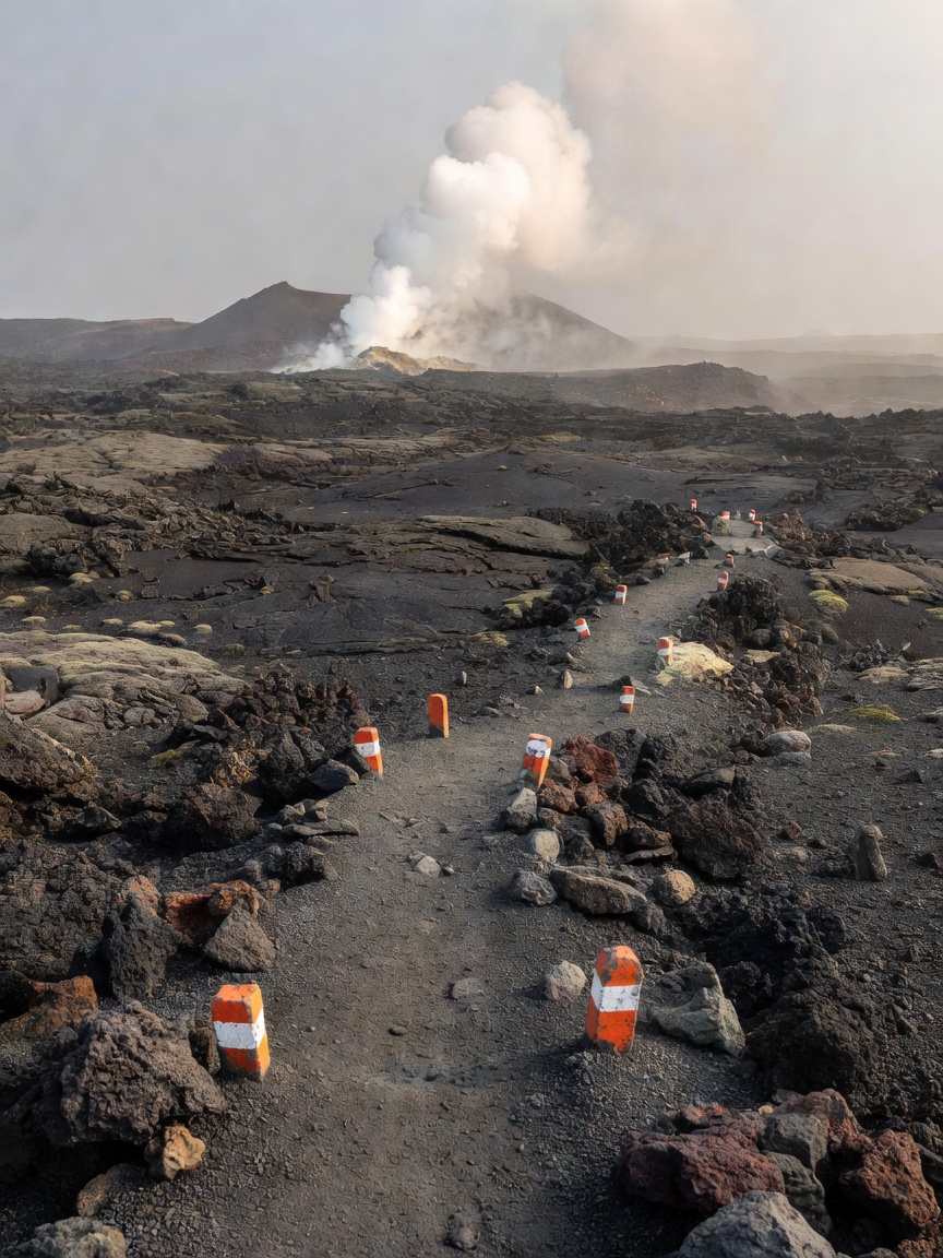 Marked walking path crossing volcanic rock toward a distant steam plume