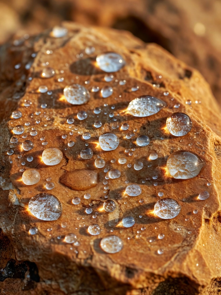 Water droplets on a warm-toned mineral rock surface